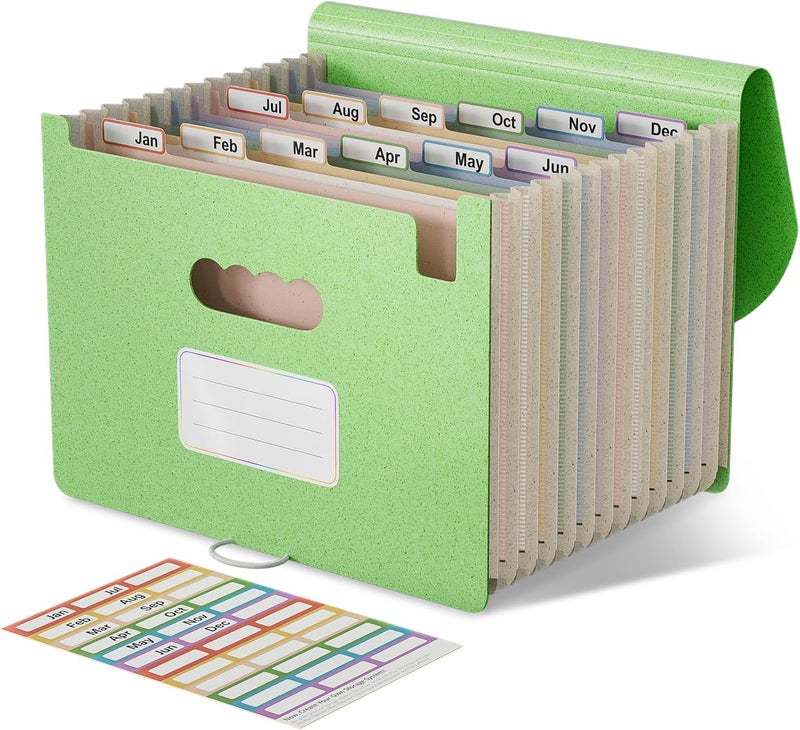 EcoStash Accordion File Organizer, 13 Pockets Wheat Straw Expanding File Folder, Portable Monthly Paper Bill Tax Receipt Organizer, Letter A4 Size Document Holder with Colorful Tab - Grass Green - Image 1
